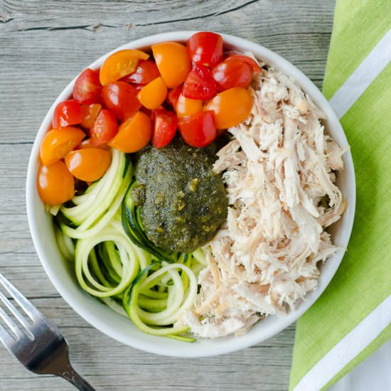 Pesto Chicken Zoodle Bowl - Recipe photo by hotpankitchen