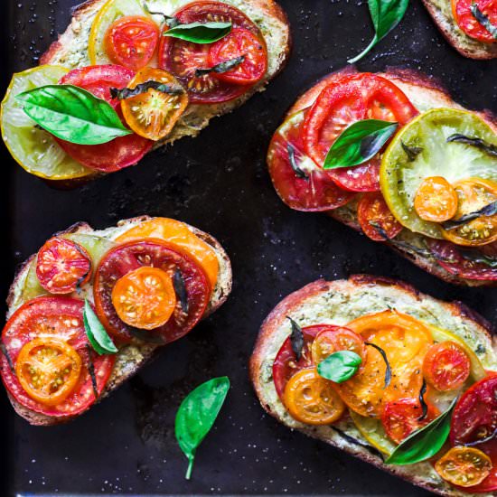 Heirloom Tomato & Vegan Pesto Toast - Recipe photo by ShortGirlTallOrder