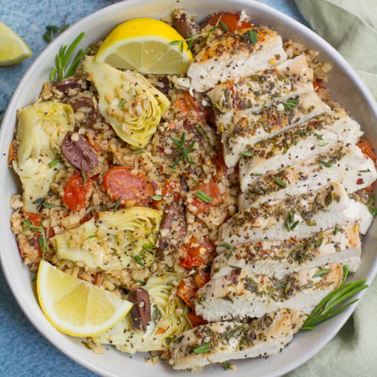 Greek Chicken Cauliflower Rice Bowl - Recipe photo by thecleaneatingcouple
