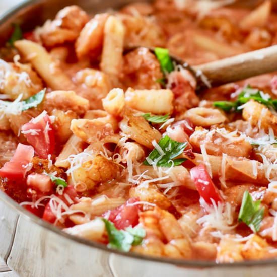 Shrimp Pasta in Tomato Cream Sauce - Recipe photo by laughingspatula.com