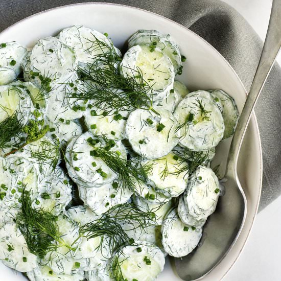 Creamy Cucumber Salad - Recipe photo by PinchandSwirl