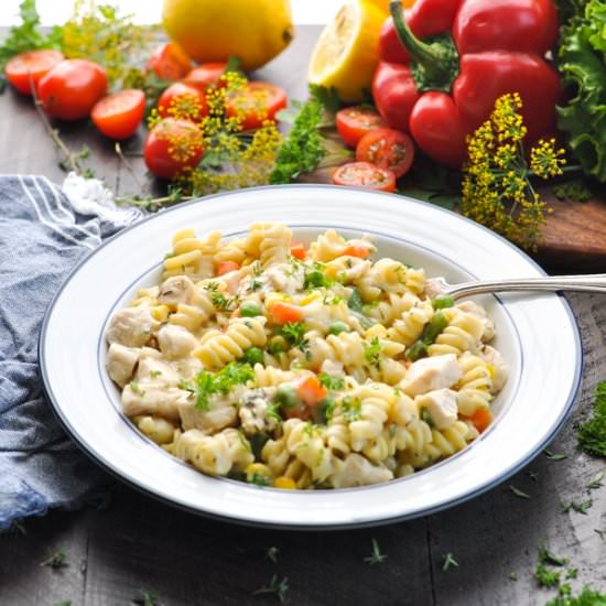 Dump and Bake Chicken Pot Pie Pasta - Recipe photo by The Seasoned Mom