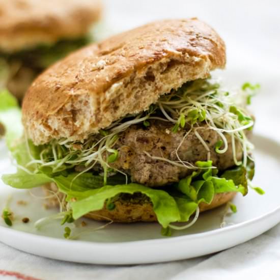 Turkey Pesto Walnut Burgers - Recipe photo by rootsandradishes