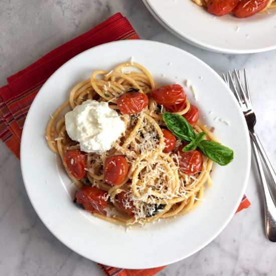 Bucatini with Burst Tomatoes - Recipe photo by thebrookcook.wordpress.com