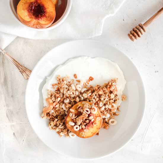 Roasted Peaches Granola Yogurt Bowl - Recipe photo by atasteofwellbeing