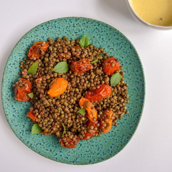 Warm Lentil and Burst Tomato Salad - Recipe photo by ibroughtbread