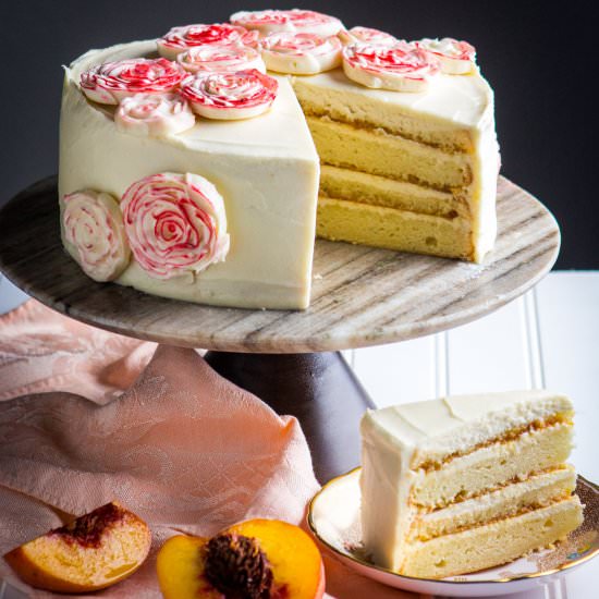 Peach Cake with Caramel Frosting - Recipe photo by kneadbakecook