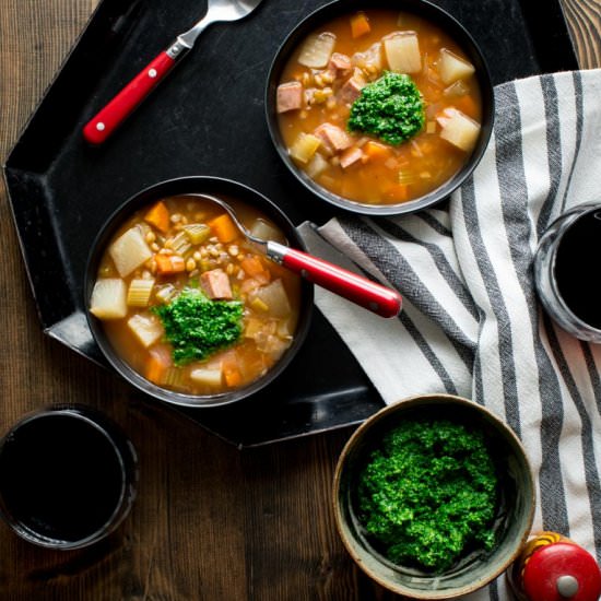 ham barley soup with spinch pesto - Recipe photo by healthy seasonal recipes