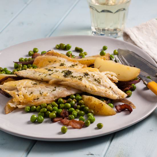 Seabass with peas and bacon - Recipe photo by Recipe Crumbs