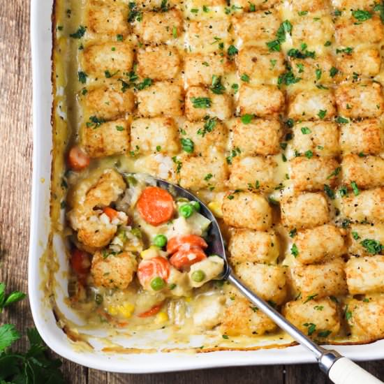 Chicken Pot Pie Tator Tot Hotdish - Recipe photo by Modern Farmhouse Eats