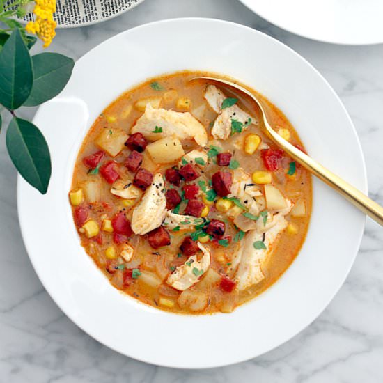 Fish Chowder with Chorizo and Corn - Recipe photo by twoofakindcooks