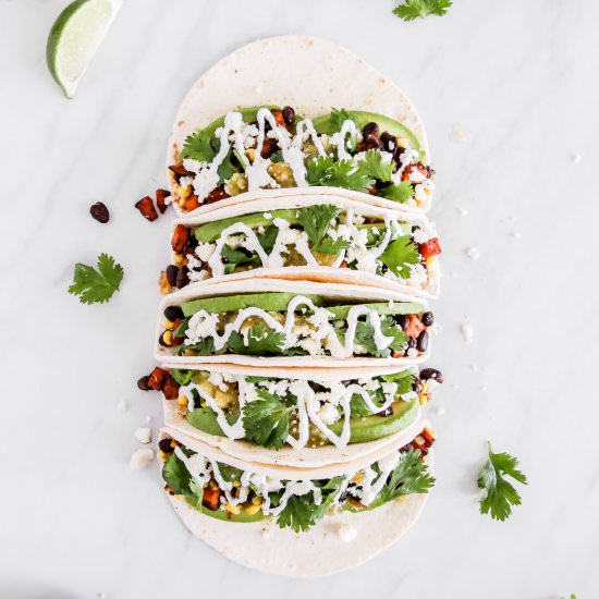 Black Bean Sweet Potato Tacos - Recipe photo by Domestically Blissful