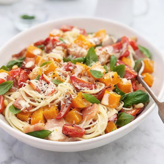 Creamy Pumpkin Tomato Bacon Pasta - Recipe photo by chef not required
