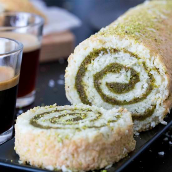 Coconut & Pistachio Cake Roll - Recipe photo by foodandjourneys