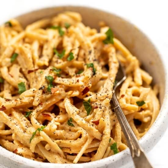 Vegan Pumpkin Alfredo Noodles - Recipe photo by simplyquinoa