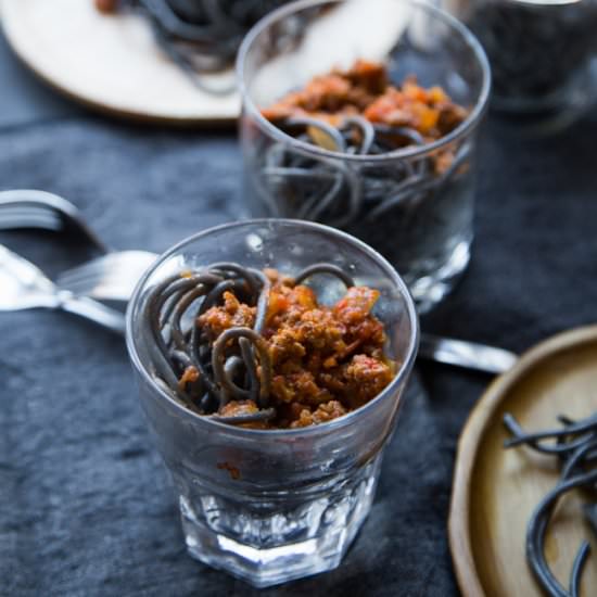 Halloween Squid Ink Spaghetti Worms - Recipe photo by WhatToCookToday