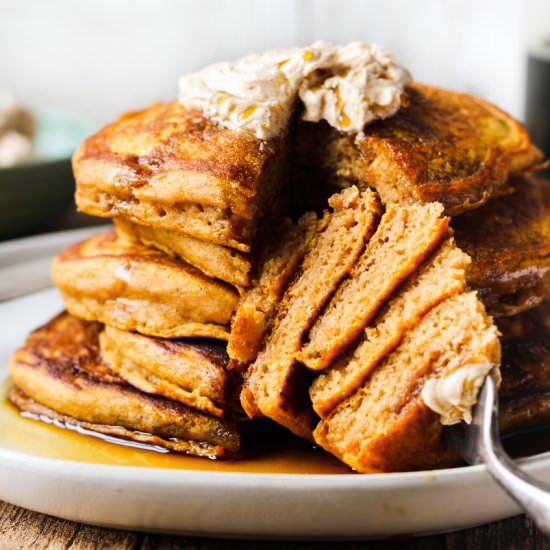 Fluffy Pumpkin Pancakes - Recipe photo by Modern Farmhouse Eats