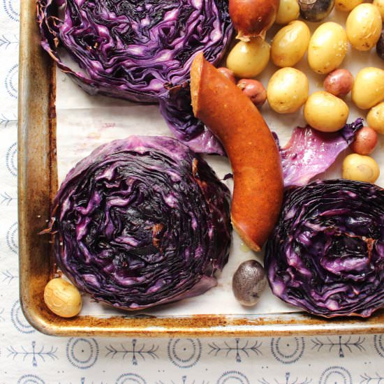 Roasted sausage and purple cabbage - Recipe photo by meandthemoose