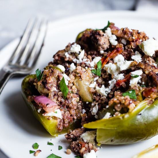 Greek Turkey Quinoa Stuffed Peppers - Recipe photo by foodfaithfitness