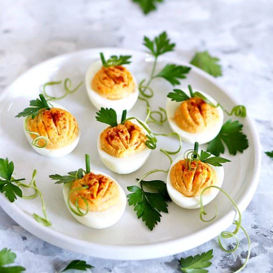 Pumpkin Deviled Eggs - Recipe photo by Fiesta Friday