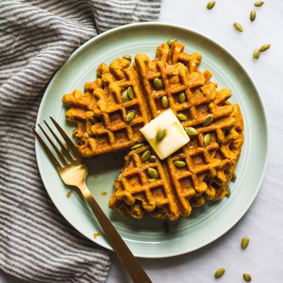 Pumpkin Protein Waffles - Recipe photo by cakeoversteak