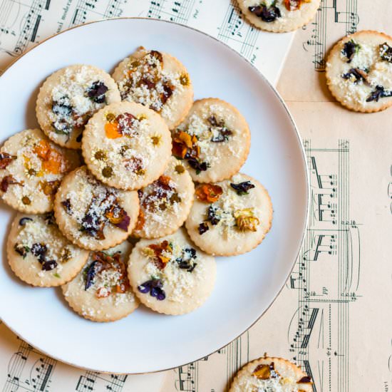 Lemon Shortbread & Edible Flowers - Recipe photo by kneadbakecook