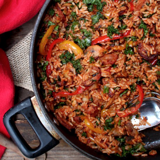 Veggie Kielbasa Rice Skillet - Recipe photo by Sneaky Mommies