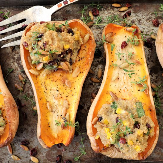 Quinoa Stuffed Butternut Squash - Recipe photo by greenschemetv