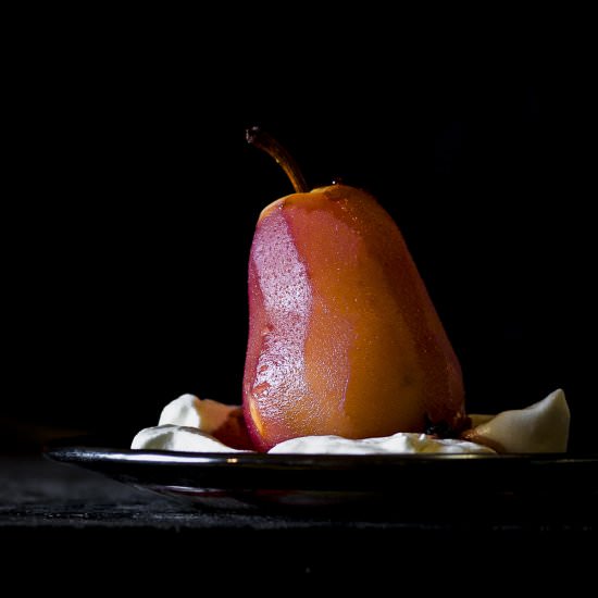 hard cider poached pear - Recipe photo by Recipe Fiction