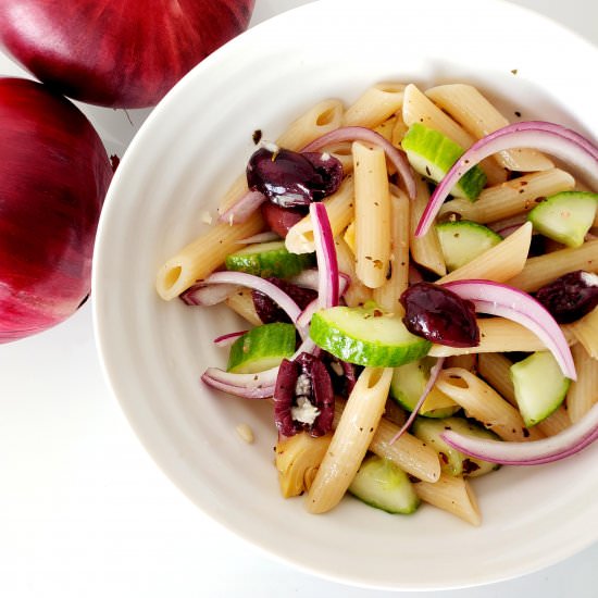 Loaded Greek Pasta Salad - Recipe photo by letstalkvegan.today