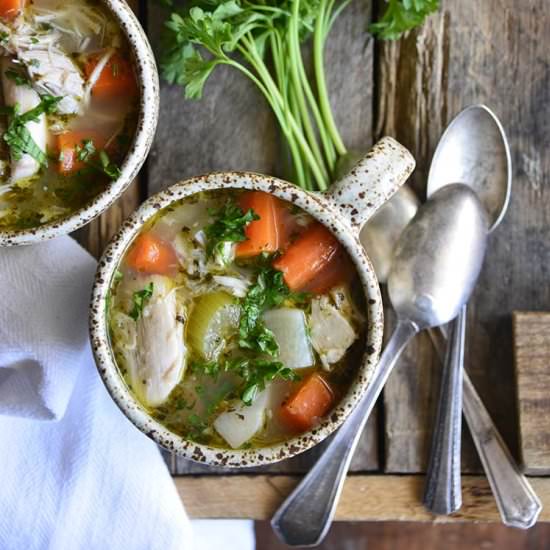 Leftover Chicken Bone Broth Soup - Recipe photo by AnEdibleMosaic