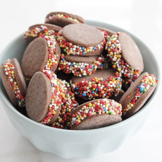 Funfetti Chocolate Alfajores - Recipe photo by lilcookieblog