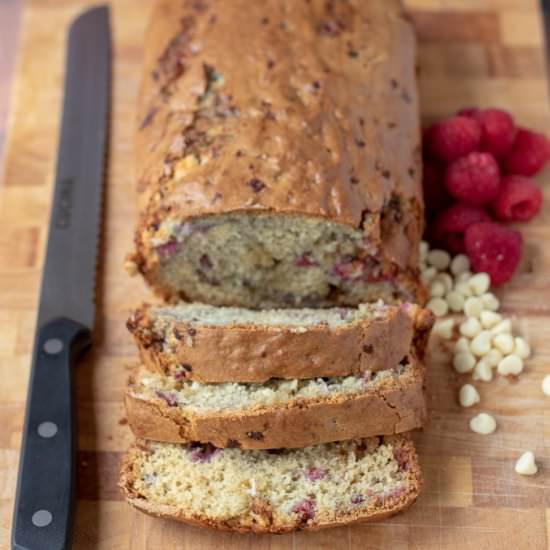 White Chocolate Raspberry Loaf Cake - Recipe photo by neilshealthymeals