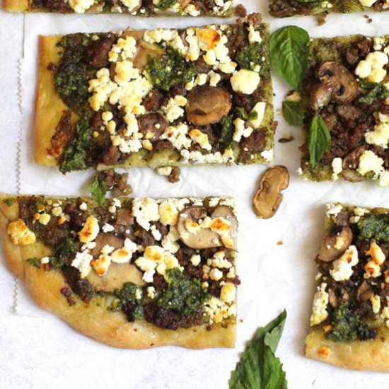Sausage & Mushroom Pesto Flatbread - Recipe photo by suebeehomemaker