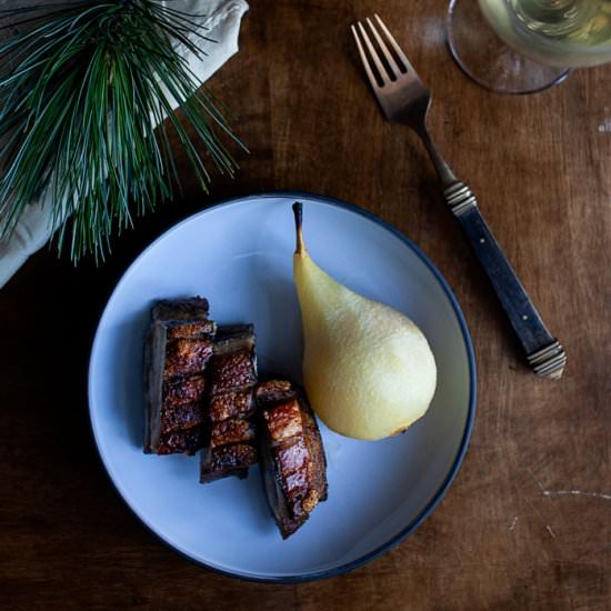 Pork Belly with Cider Poached Pear - Recipe photo by Nordic Provisions