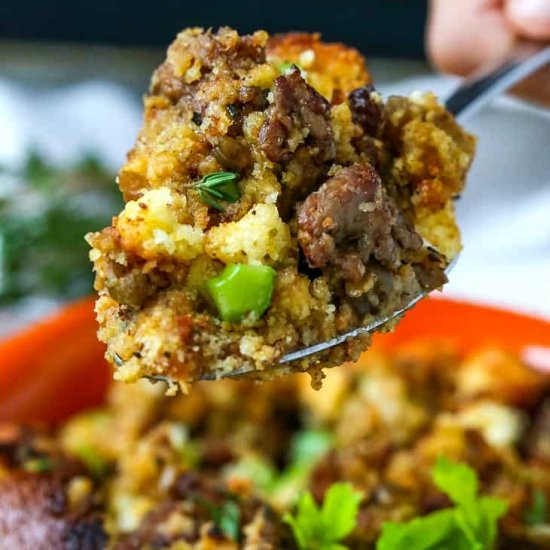 Spicy Sausage Cornbread Stuffing - Recipe photo by mantitlement