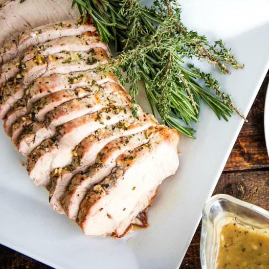 Herb Roasted Pork Loin Onion Gravy - Recipe photo by KyleeCooks