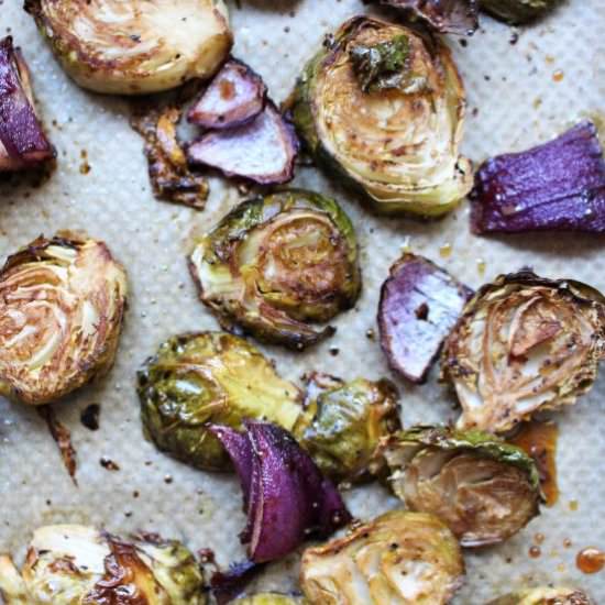 Maple Balsamic Roasted Sprouts - Recipe photo by Nourishing Amy