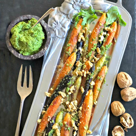 Walnut-Arugula Pesto Carrots - Recipe photo by jollytomato