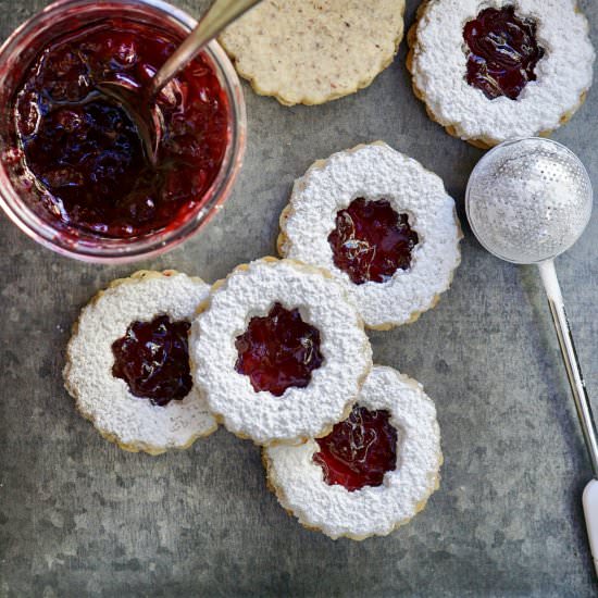 Hazelnut-Cherry Linzer Cookies - Recipe photo by simmerandsauce