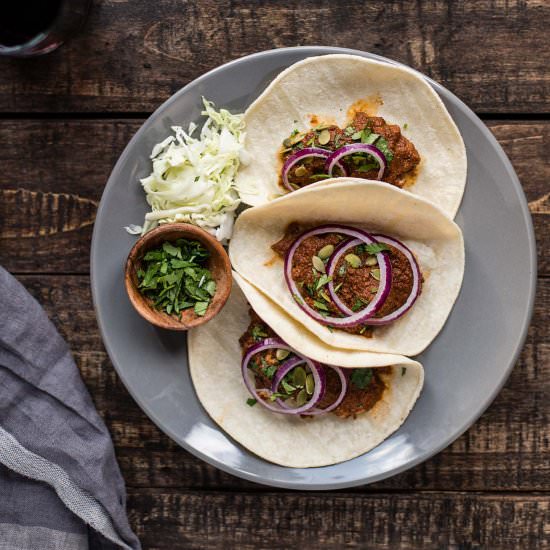 Slow Cooker Mole Chicken Tacos - Recipe photo by forageddish