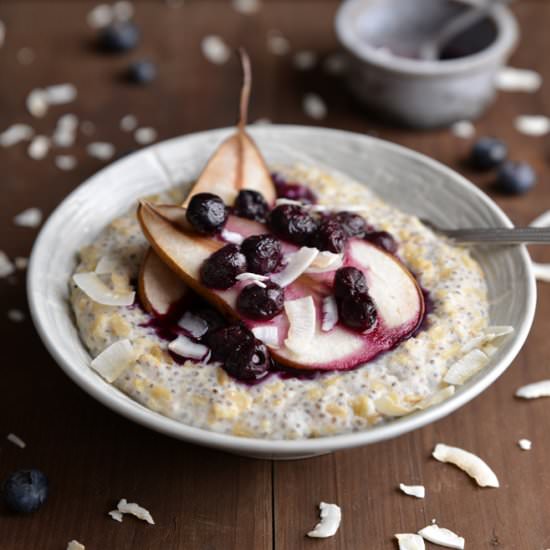 Pear & Blueberry Coconut Porridge - Recipe photo by waffleandwhisk