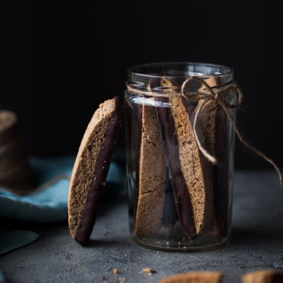 Chocolate Dipped Olive Oil Biscotti - Recipe photo by The Simple Green