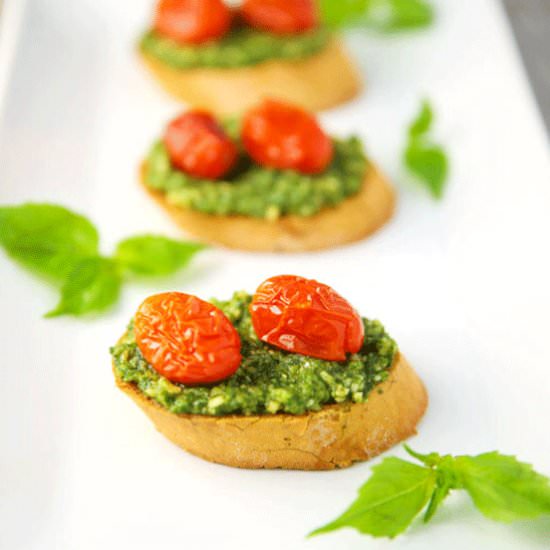 Basil Pesto Crostini - Recipe photo by Tastefulventure