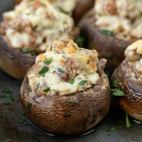 Boursin & Sausage Stuffed Mushrooms - Recipe photo by giftofhospitality