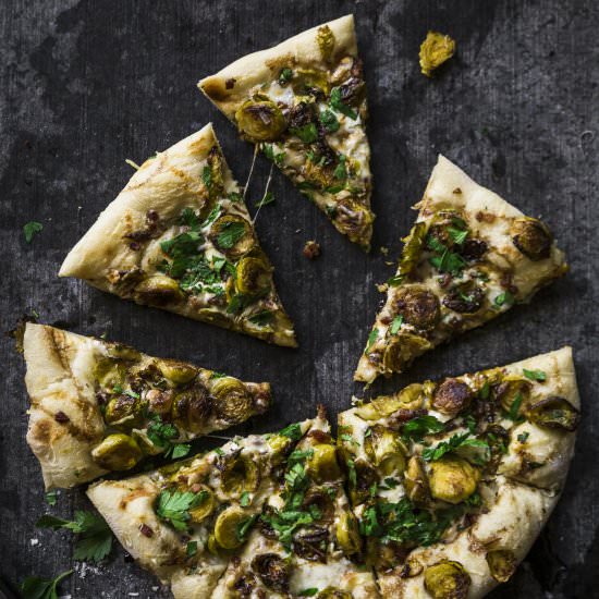 cast iron brussel sprout pizza - Recipe photo by Recipe Fiction