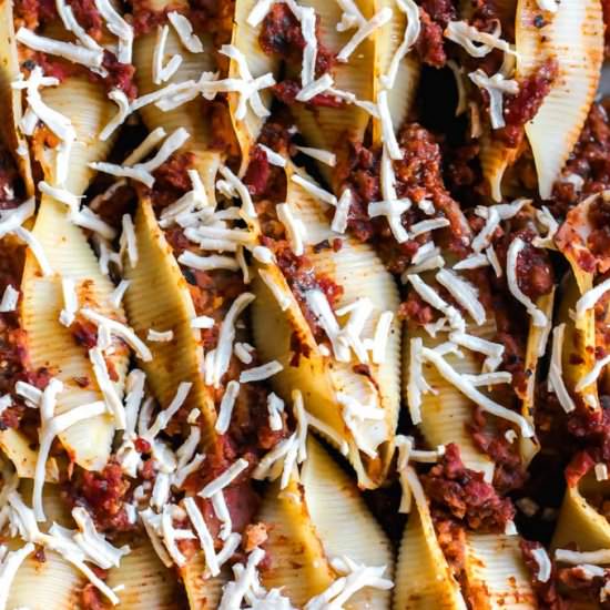 Plant-Based Lasagna Stuffed Shells - Recipe photo by emilieeats