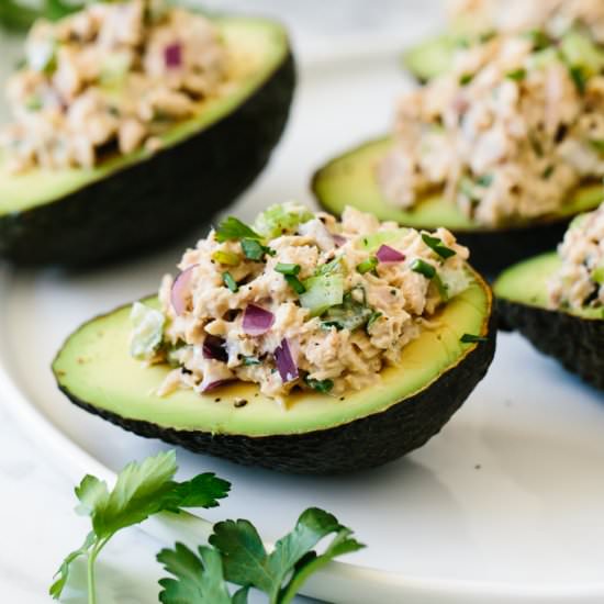 Tuna Stuffed Avocados - Recipe photo by Downshiftology