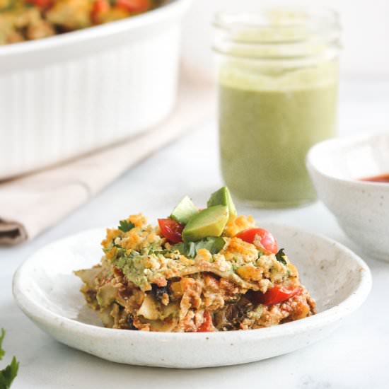 Enchilada Lasagna + Cilantro Sauce - Recipe photo by okonomi kitchen