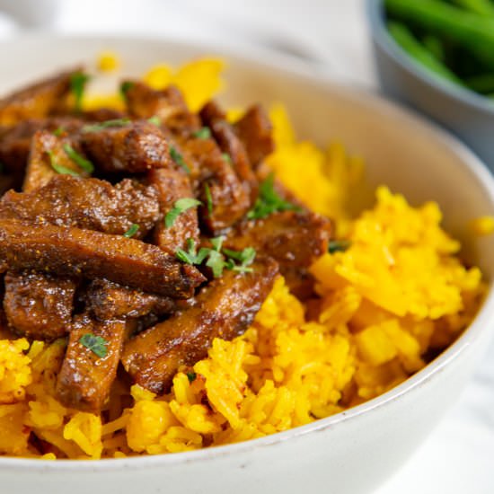 Curry Seitan with Pineapple Rice - Recipe photo by cardamomandcoconut